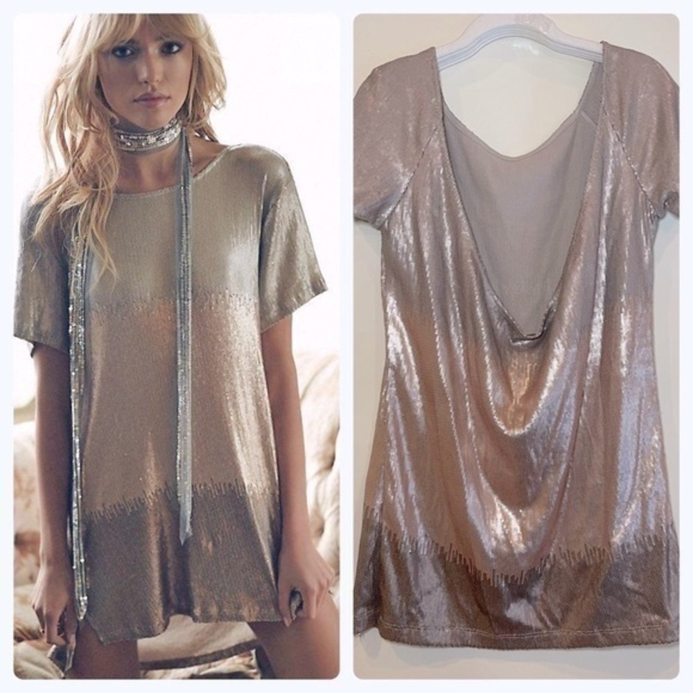 Free People Ombré Low Back Sequined Dress in Champagne Colors Open Back - Picture 1 of 4